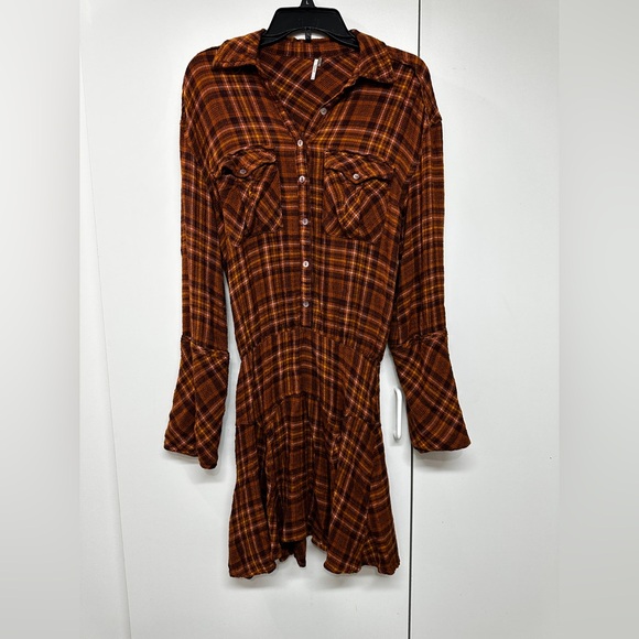 Free People Rust Plaid Long Sleeve Dress - Picture 1 of 6